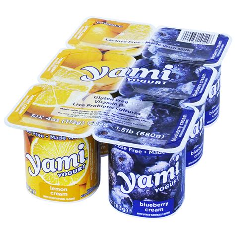 Yami yogurt - Mixed Berry 32oz. Raspberry 32oz. Strawberry 32oz. Sweet Plain 32oz. Vanilla 32oz. Lemon 32oz. Multi-Pack. Lemon Cream 4ozBlueberry Cream 4oz. Mango Cream 4ozOrange Cream 4oz.